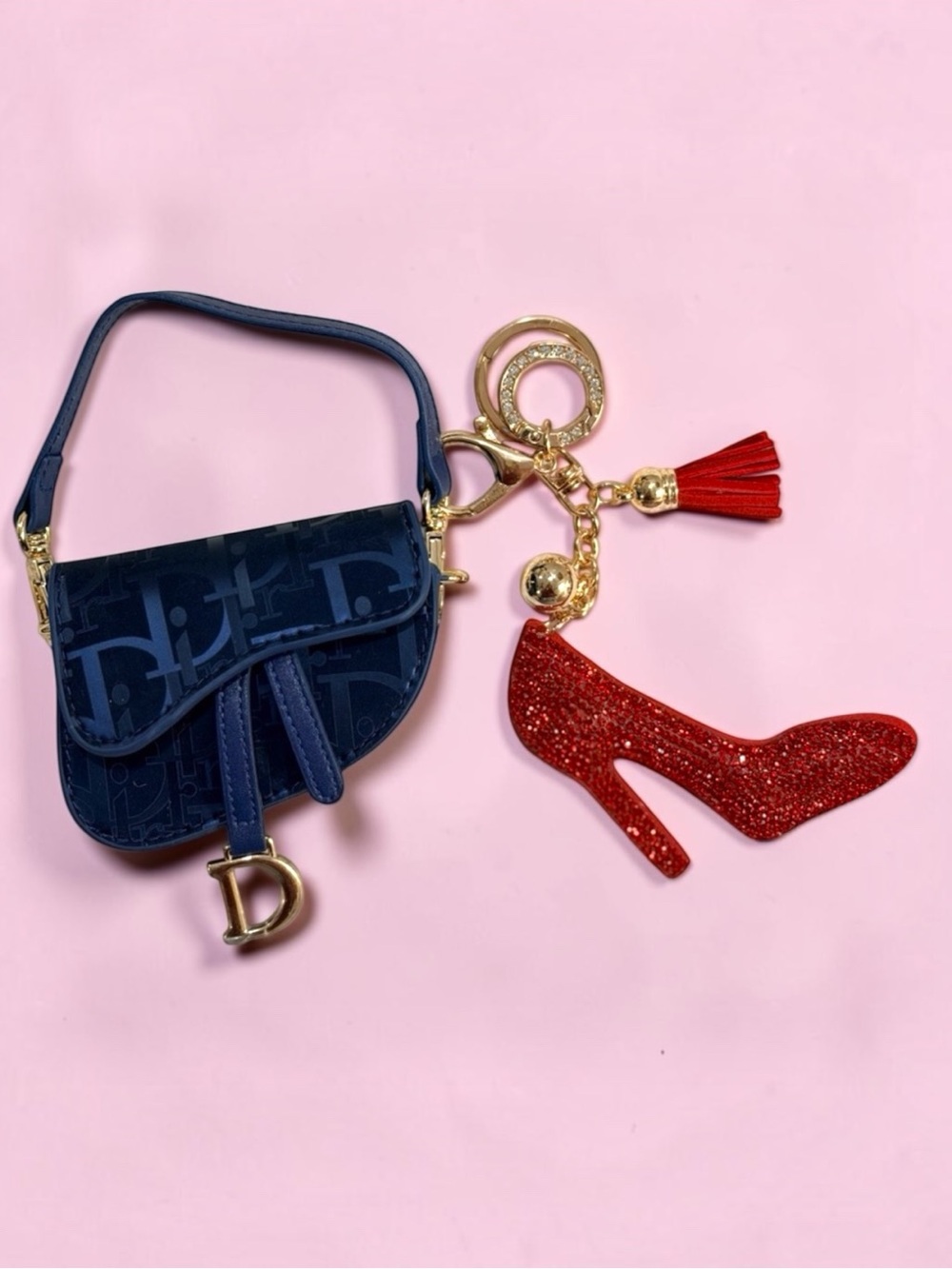 Mini Saddle Bag Keychain Navy with Red Puffy Glitter Shoe Charm - NEW